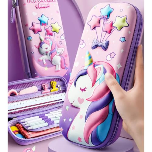 Storio 3D Unicorn Cover Large Capacity Pencil Case Compass with Compartments, School Supply Organizer for Students, Stationery Box, Cosmetic Zip Pouch Bag