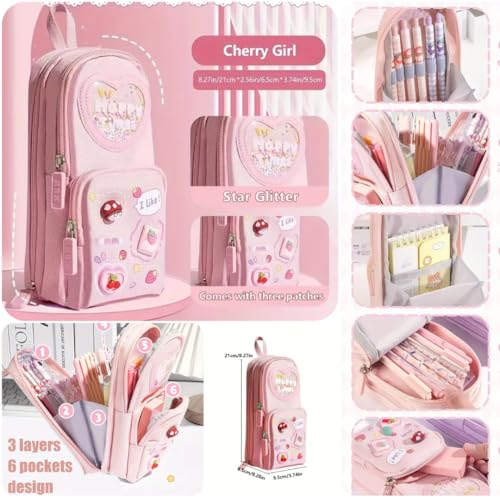 Storio Premium Pencil Case 6 Layer with 3 Compartment Cute Aesthetic Pencil Case for Girls Large Capacity Pencil Pouch Multifunctional Pouch for School Kids Cute Stationary Gift - Pink