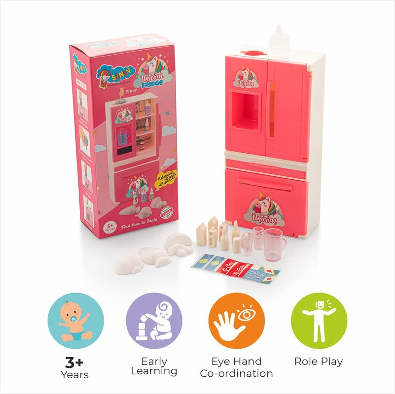 Storio Unicorn Pink Fridge Kitchen Set Toys Pretend Play Toy Set with Multiple Accessories & Realistic Water Dispenser for Kids Girls | Best Birthday Gift for Kids Children