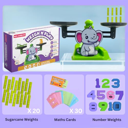 MiniExplorer 2 in 1 Elephant and Sugarcane Balancing Toy for Kids with Educational Board Game Math Counting Number Learning Activity Toy Engaging Preschool Game Children's Gift for 3 4 5 6 7 8 Years