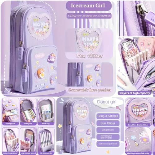 Storio Premium Pencil Case 6 Layer with 3 Compartment Cute Aesthetic Pencil Case for Girls Large Capacity Pencil Pouch Multifunctional Pouch for School Kids Cute Stationary Gift - Purple