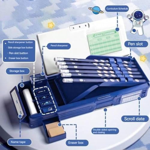 Storio Space Theme Magnetic Pencil Box for Kids, Space Pencil Box for Boys & Girls, Stationery Box, Buttons Operated Pencil Box for Kids (with Accessories)