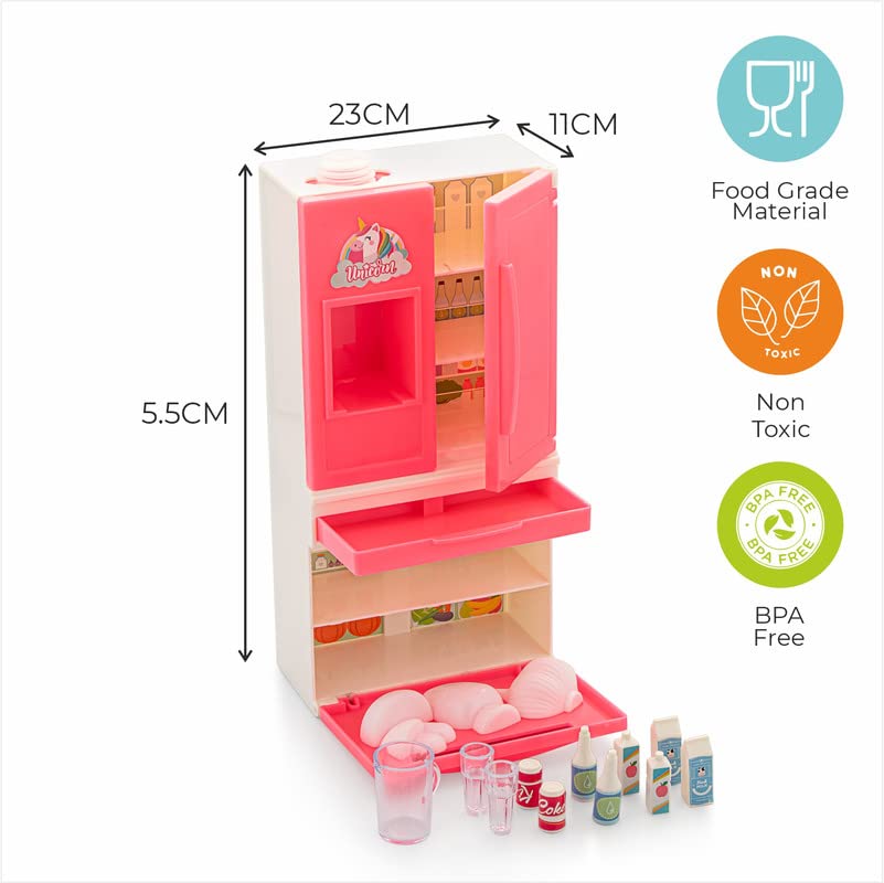 Storio Unicorn Pink Fridge Kitchen Set Toys Pretend Play Toy Set with Multiple Accessories & Realistic Water Dispenser for Kids Girls | Best Birthday Gift for Kids Children
