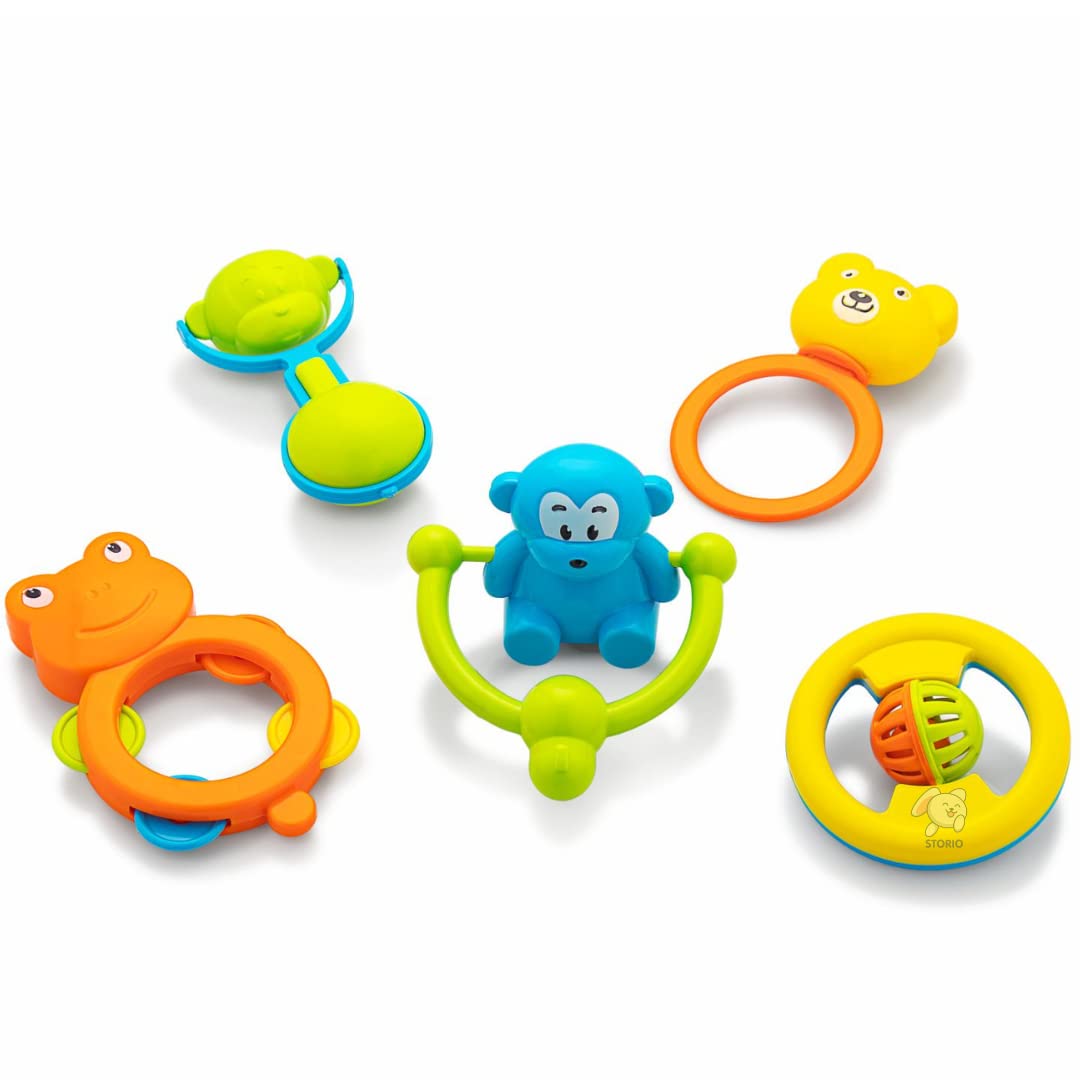 Storio Baby Toys Rattles and Teethers Set for New Born Babies Toddler Infants & Children 5 Pcs - Non Toxic