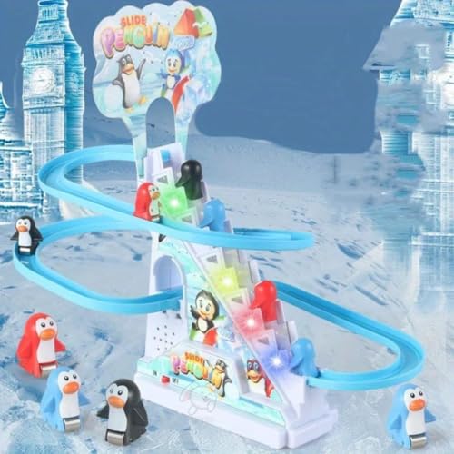 Storio Penguin Slide Track Set Toys for Kids - Penguin Stair Climbing Toys for Kids, Escalator Toy with Lights and Music with 3 Penguins