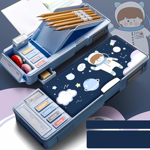 Storio Space Theme Magnetic Pencil Box for Kids, Space Pencil Box for Boys & Girls, Stationery Box, Buttons Operated Pencil Box for Kids (with Accessories)