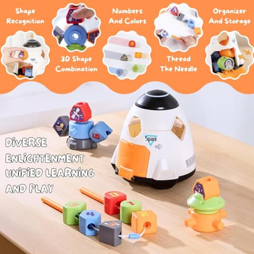 MiniExplorer Premium Montessori Spaceship Toy for Toddlers | Color and Shape Sorting, Stacking & Building Blocks, Lacing Beads Set for Preschool|Gift for 2+ Year Old Boys and Girls, 1 Piece