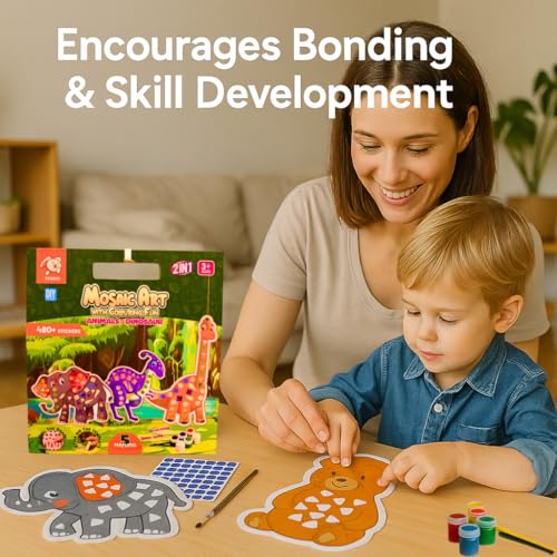 Storio Mosaic Art & Craft Kit for Kids with Colouring Fun | Mirror Mosaic DIY Set with Animals & Dinosaurs Theme | Creative Craft Activity for Girls Age 4-8 | Mess-Free, Fun & Educational Gift