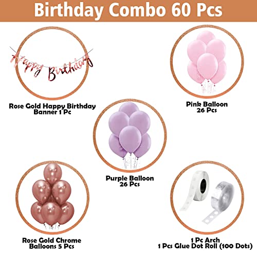 Storio Foil 60Pcs Balloon Set For Girls' Birthday Decorations - Pink And Purple Theme