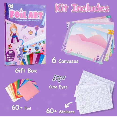 Storio DIY Art & Craft Activity Toys - Foil Art Dream Set with Unicorn & Princesses| Non Messy Creative Activity Supplies| Best Gifts for Girls & Boys Ages 4, 5, 6, 7, 8, 9| Toys for Travel