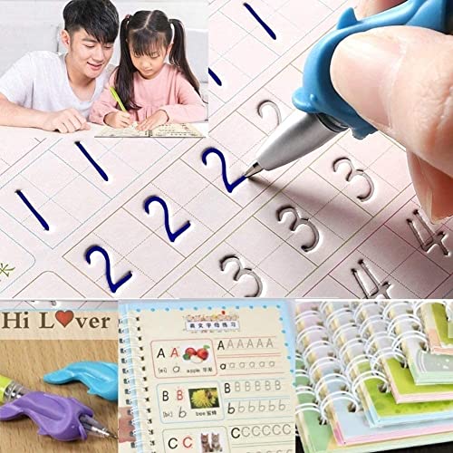 Storio Sank Magic Practice Copybook, (4 Book + 10 Refill+ 2 Pen +2 Grip) Number Tracing Book for Preschoolers with Pen, Magic Calligraphy Copybook Set