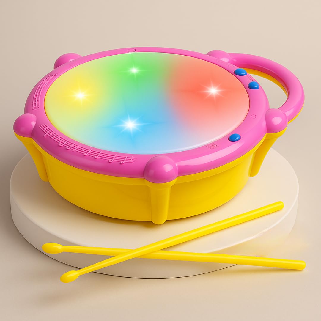 Storio Flash Drum Toy for Kids with 2 Mallets | Battery Operated Musical Learning with 3D Lights & Sounds | Educational Toy for 2-6 Year Old Boys & Girls | Multicolor Toddler Drum Set
