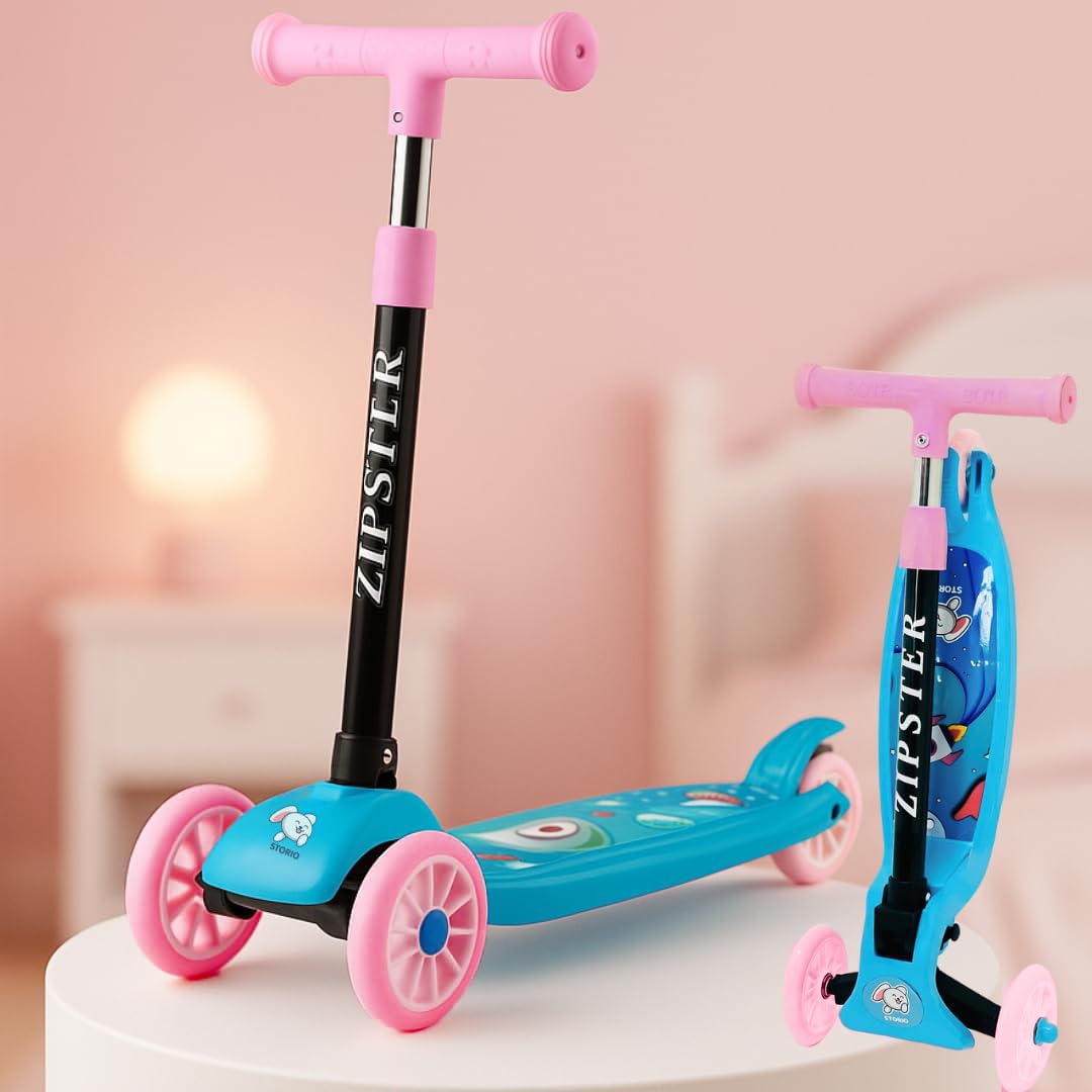 Storio Zipster Foldable Kick Scooter for Kids | Skating Cycle Style Scooter with Adjustable Handle & Foldable Design | Lightweight Ride-On Toy for Boys & Girls - Pink & Blue