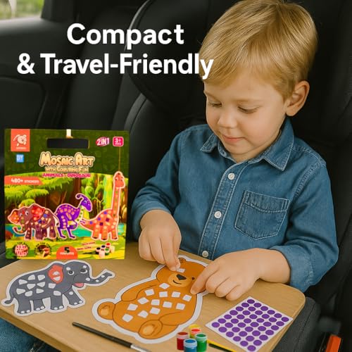 Storio Mosaic Art & Craft Kit for Kids with Colouring Fun | Mirror Mosaic DIY Set with Animals & Dinosaurs Theme | Creative Craft Activity for Girls Age 4-8 | Mess-Free, Fun & Educational Gift