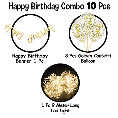 Storio Rubber Birthday Decoration Items Kit - 10Pcs, Featuring Happy Birthday Banner, Confetti Balloons With Led Light For Kids - Ideal For Husband's Birthday Celebration - Golden Theme D??cor