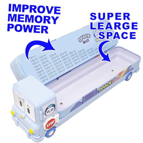 Storio Bus Shape Pencil Box School Bus Metal Geometry Box for Kids Magic Bus with Moving Tyres with 3 Compartments Moving Tyre's & Sharpener Geometry Case for Boys & Girls - Space
