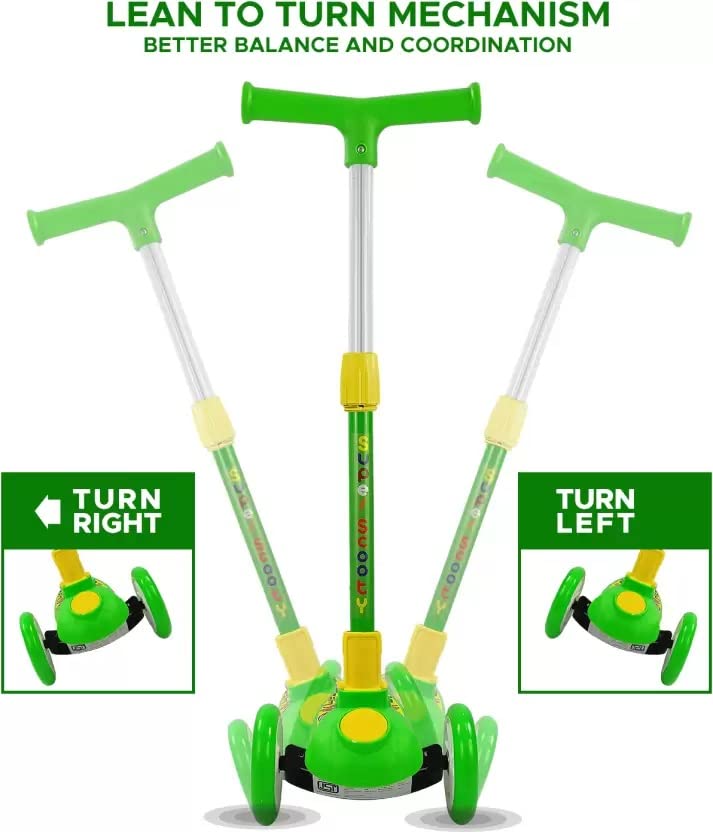 Storio Kick Scooter for Kids, 3 Adjustable Height Scooter, Foldable & Attractive PVC Wheels with Rear Brakes for Kids Age Upto 3+ Years (Green)