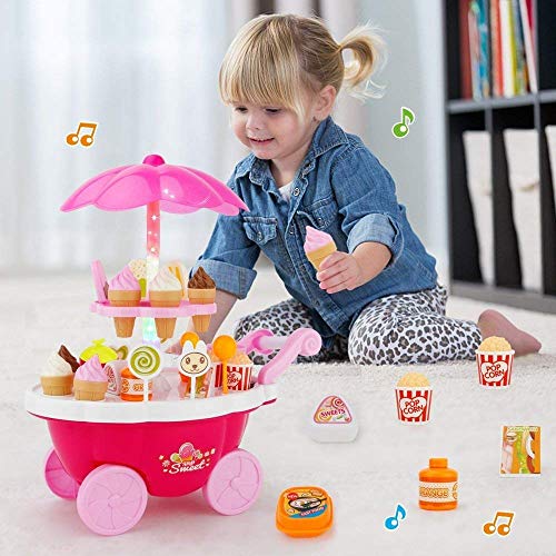Storio Plastic Ice Cream Sweet Trolley Cart Pretend Play Set with Music and Lights Toys for Girls, Colour May Vary, 39 Accessories