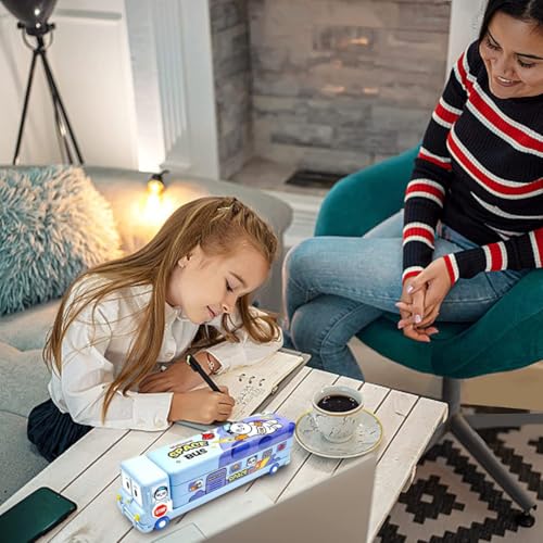 Storio Bus Shape Pencil Box School Bus Metal Geometry Box for Kids Magic Bus with Moving Tyres with 3 Compartments Moving Tyre's & Sharpener Geometry Case for Boys & Girls - Space