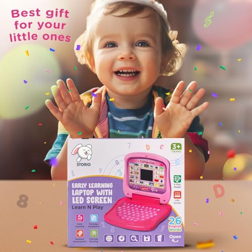 Storio Toys Educational Learning Laptop Toy with LED Display & Music Effect|Educational Toy Preschool Learning for Babies,Girls,Boys & Toddlers|Power Source: 3xAA Battery (Not Included)-Pink,Multi