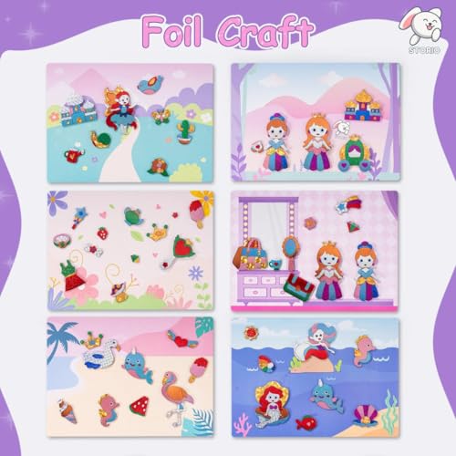 Storio DIY Art & Craft Activity Toys - Foil Art Dream Set with Unicorn & Princesses| Non Messy Creative Activity Supplies| Best Gifts for Girls & Boys Ages 4, 5, 6, 7, 8, 9| Toys for Travel