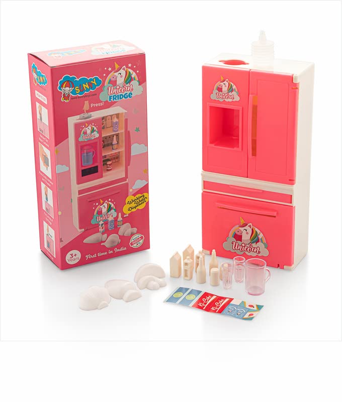 Storio Unicorn Pink Fridge Kitchen Set Toys Pretend Play Toy Set with Multiple Accessories & Realistic Water Dispenser for Kids Girls | Best Birthday Gift for Kids Children