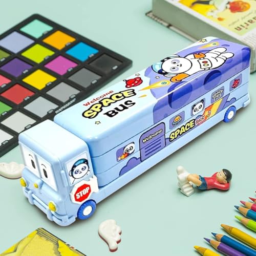 Storio Bus Shape Pencil Box School Bus Metal Geometry Box for Kids Magic Bus with Moving Tyres with 3 Compartments Moving Tyre's & Sharpener Geometry Case for Boys & Girls - Space