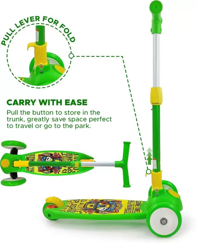 Storio Kick Scooter for Kids, 3 Adjustable Height Scooter, Foldable & Attractive PVC Wheels with Rear Brakes for Kids Age Upto 3+ Years (Green)