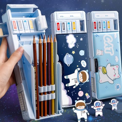 Storio Space Theme Magnetic Pencil Box for Kids, Space Pencil Box for Boys & Girls, Stationery Box, Buttons Operated Pencil Box for Kids (with Accessories)