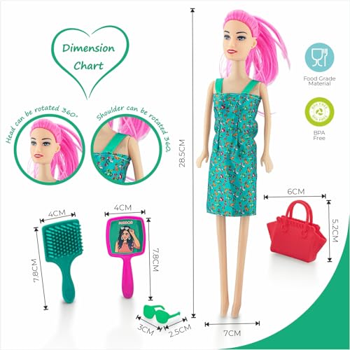Storio Myra Doll Beautiful Dazzling Doll Toy with Moveable Arms & Legs for Girls (Doll with Accessories) - Pink Dress