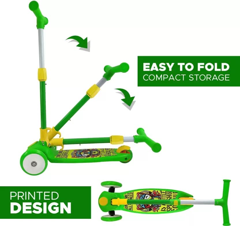 Storio Kick Scooter for Kids, 3 Adjustable Height Scooter, Foldable & Attractive PVC Wheels with Rear Brakes for Kids Age Upto 3+ Years (Green)