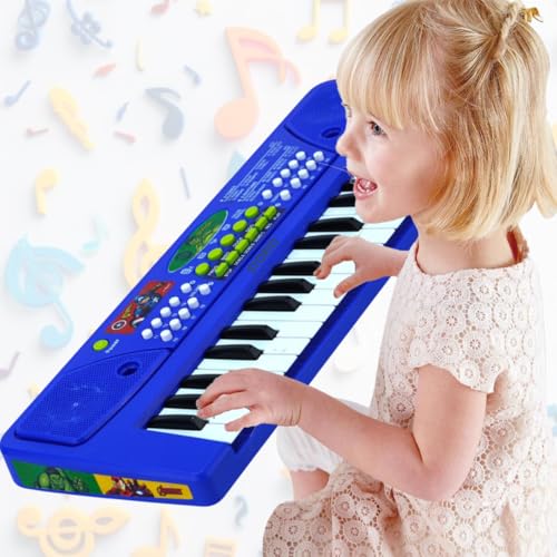 Storio Musical Sound Toys 37 Key Piano Keyboard - Avengers with Recording and Mic and Adapter for Power | 8 Rhythms 8 Tones 6 Demos Portable Electronic Keyboard Toy for 3 to 5 Years Boys Girls- Blue