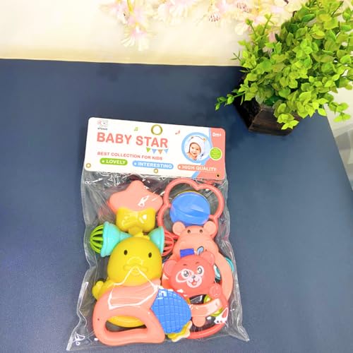 Storio Baby Toys Safari 7 Pcs Rattle Set with Teathers for New Born Baby Gifts, Toy for Babies, Non-Toxic - Safari