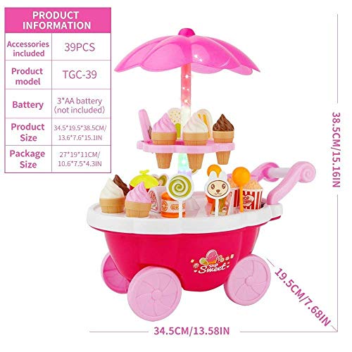 Storio Plastic Ice Cream Sweet Trolley Cart Pretend Play Set with Music and Lights Toys for Girls, Colour May Vary, 39 Accessories