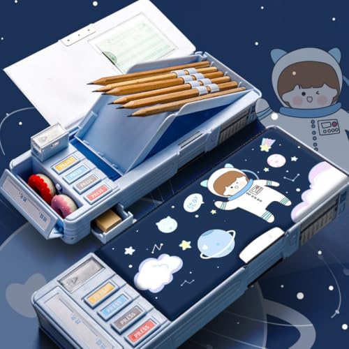 Storio Space Theme Magnetic Pencil Box for Kids, Space Pencil Box for Boys & Girls, Stationery Box, Buttons Operated Pencil Box for Kids (with Accessories)