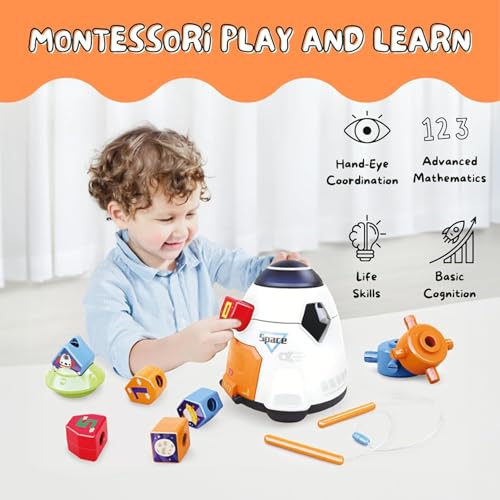 MiniExplorer Premium Montessori Spaceship Toy for Toddlers | Color and Shape Sorting, Stacking & Building Blocks, Lacing Beads Set for Preschool|Gift for 2+ Year Old Boys and Girls, 1 Piece