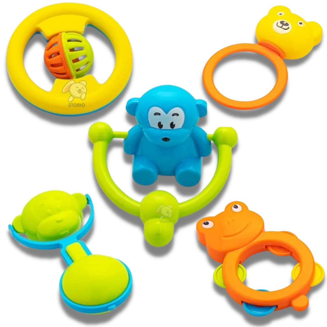 Storio Baby Toys Rattles and Teethers Set for New Born Babies Toddler Infants & Children 5 Pcs - Non Toxic