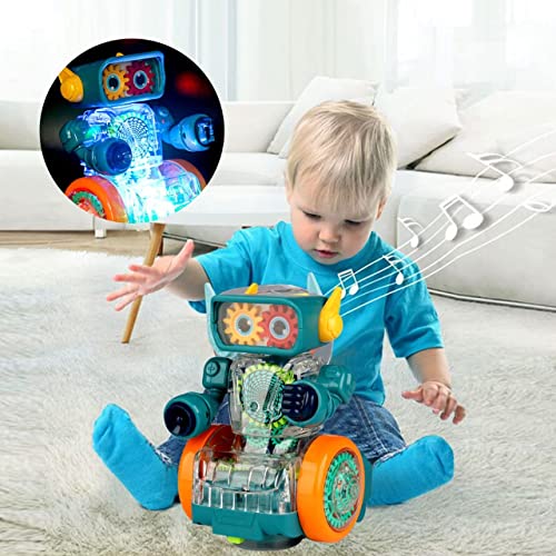 Storio Robot Rotating Gear Toy - Transparent Gear Electric Walking Robot Musical Toy for Kids, 360 Degree Rotating Bump & Go Robot Toy with Flashing Lights & Sound for Children