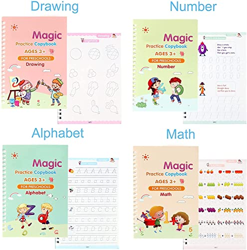 Storio Sank Magic Practice Copybook, (4 Book + 10 Refill+ 2 Pen +2 Grip) Number Tracing Book for Preschoolers with Pen, Magic Calligraphy Copybook Set