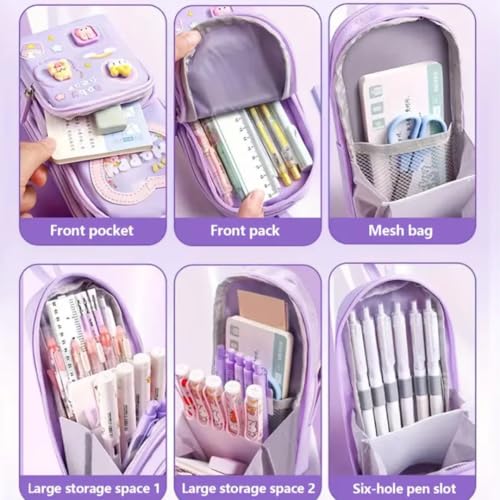Storio Premium Pencil Case 6 Layer with 3 Compartment Cute Aesthetic Pencil Case for Girls Large Capacity Pencil Pouch Multifunctional Pouch for School Kids Cute Stationary Gift - Purple