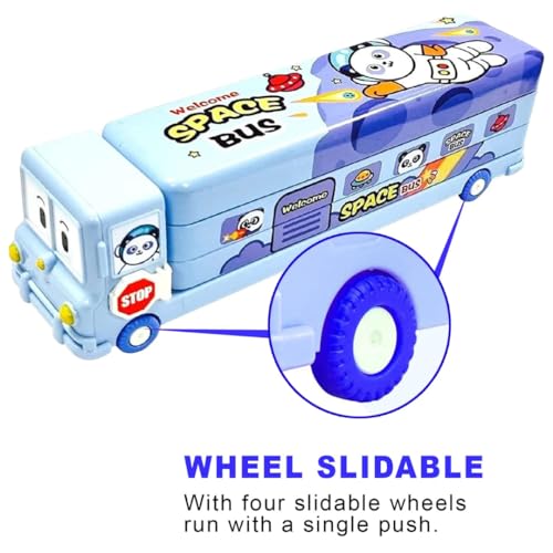 Storio Bus Shape Pencil Box School Bus Metal Geometry Box for Kids Magic Bus with Moving Tyres with 3 Compartments Moving Tyre's & Sharpener Geometry Case for Boys & Girls - Space