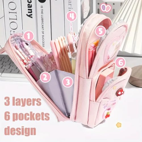 Storio Premium Pencil Case 6 Layer with 3 Compartment Cute Aesthetic Pencil Case for Girls Large Capacity Pencil Pouch Multifunctional Pouch for School Kids Cute Stationary Gift - Pink