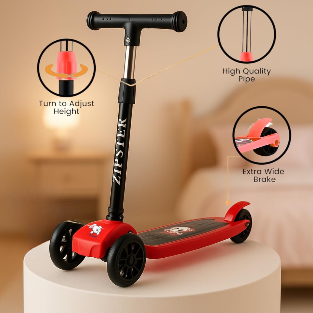 Storio Zipster Foldable Kick Scooter for Kids | Skating Cycle Style Scooter with Adjustable Handle & Foldable Design | Lightweight Ride-On Toy for Boys & Girls - Red and Black