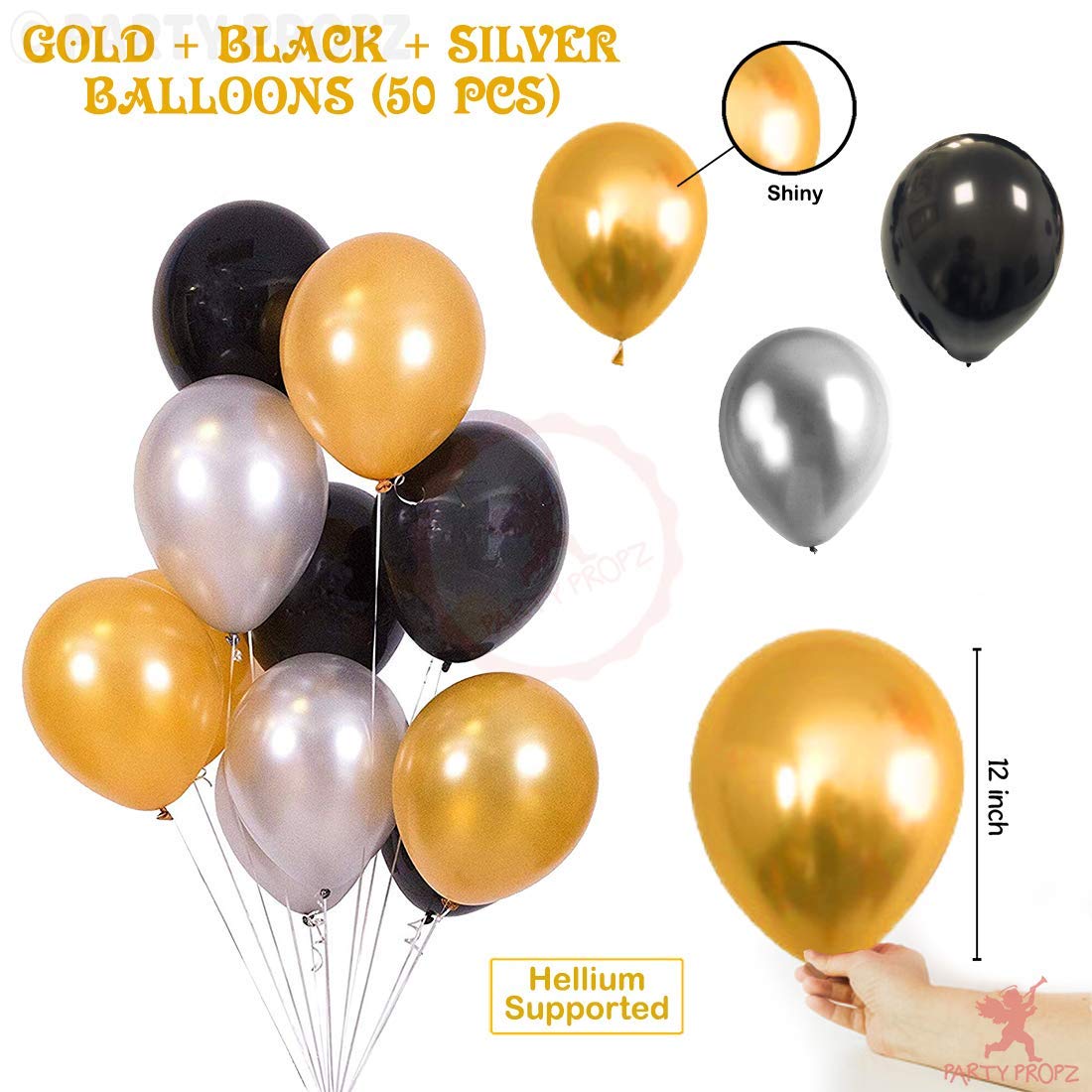 LUXZURY by Storio Happy Birthday Helium Letters Foil Metallic Golden Silver Black Decor Balloons Decoration Kit - 51 Pieces Set Combo