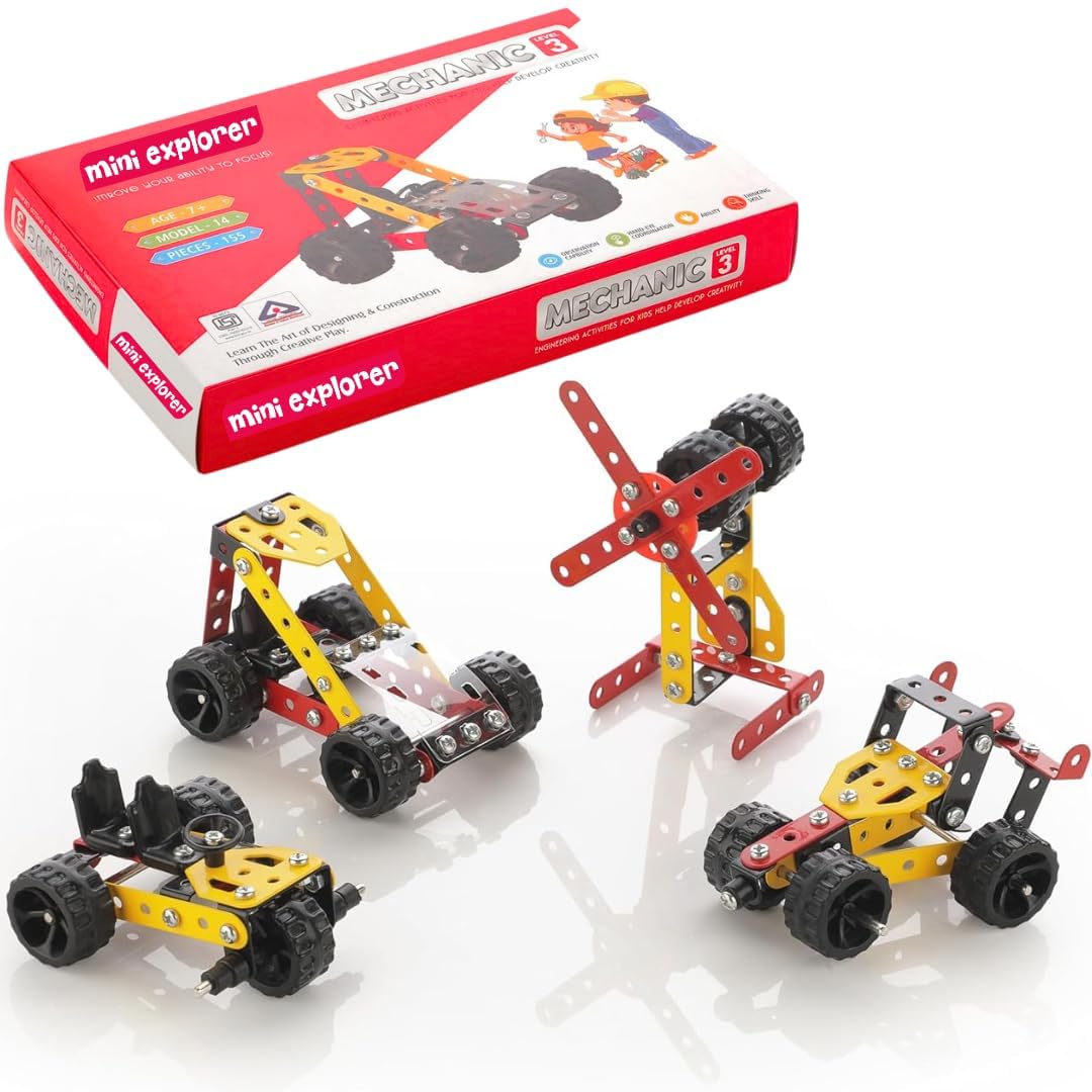 MiniExplorer Metallic Building Blocks 14-in-1 Educational Engineering STEM Education Toy, 155+ pcs in The Game, can Make 14+ Models | Kids Age 7+ Years, Birthday Return Gift