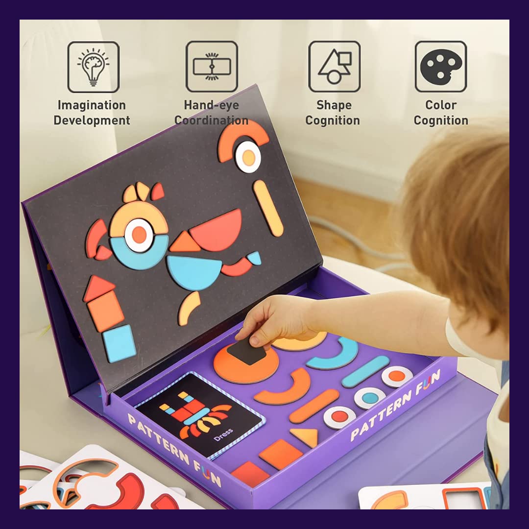 Storio Magnetic Box Series - Pattern Fun Puzzles Toys With Reference Cards and Magnetic Board and Marker To Draw & Play Educational Toy for Kids 2 3 4 Years Boys Girls Montessori Gift Fun & Play for Baby (85+ Magnet Pcs)