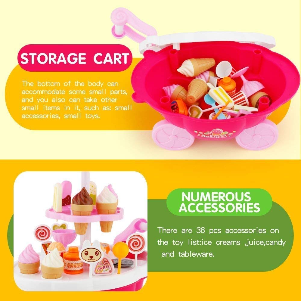 Storio Plastic Ice Cream Sweet Trolley Cart Pretend Play Set with Music and Lights Toys for Girls, Colour May Vary, 39 Accessories