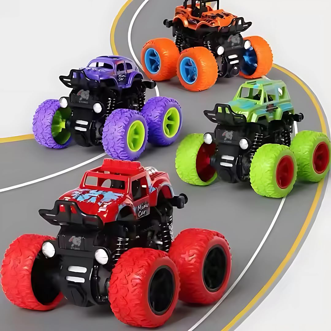Storio Pack of 4 4x4 Friction Powered Mini Monster Trucks for Boys 3-7 Years | Durable Alloy & Non-Toxic Plastic Car Toys | Educational Toy Vehicles with Non-Slip Tires | Gift for Kids