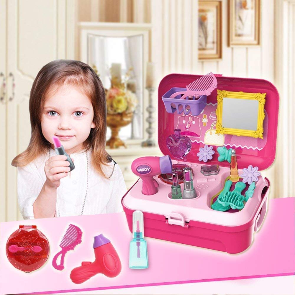ToysBuddy 21 Pcs Backpack Style Little Girls Play Makeup Set - Pretend Salon Beauty Makeup Kit for Toddlers Kids