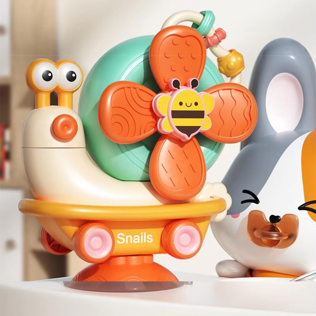 Storio 5-in-1 Baby Suction Spinner Toy, Interactive Learning Set with Rattle and Sensory Play, for 6+ Months Kids - Orange & Cream